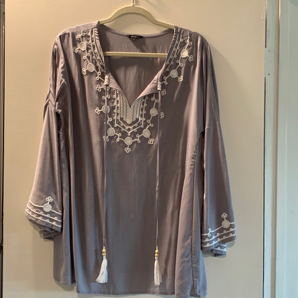 Gray boho Embroidered Tunic with Tassels S - Picture 1 of 5